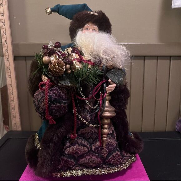 St. Nicholas Santa Tapestry plush Green Gold Faux Fur trim Garment Tree Topper - Picture 1 of 9